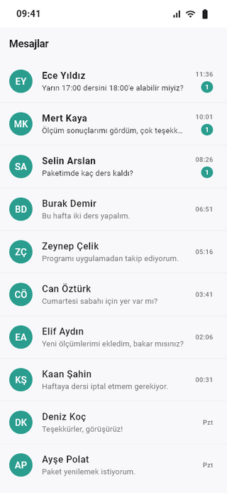 My PT uygulamasında mesajlar listesi