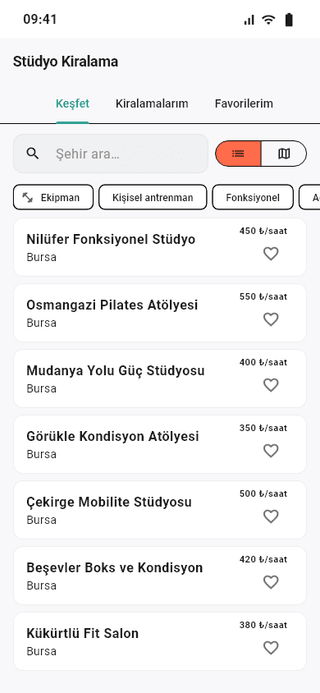 My PT uygulamasında haritada PT stüdyosu ve eğitmen keşfi
